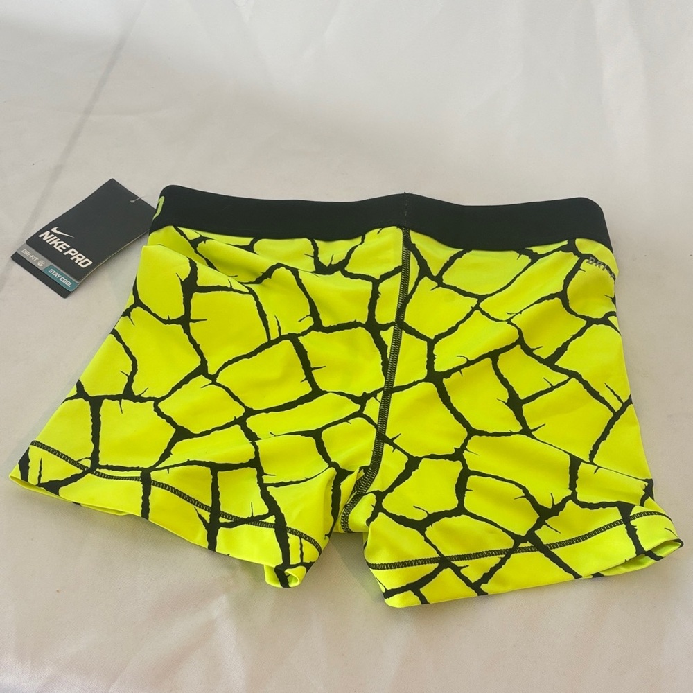 NWT Nike Pro Neon Yellow and Black Patterned Shorts - Picture 2 of 5